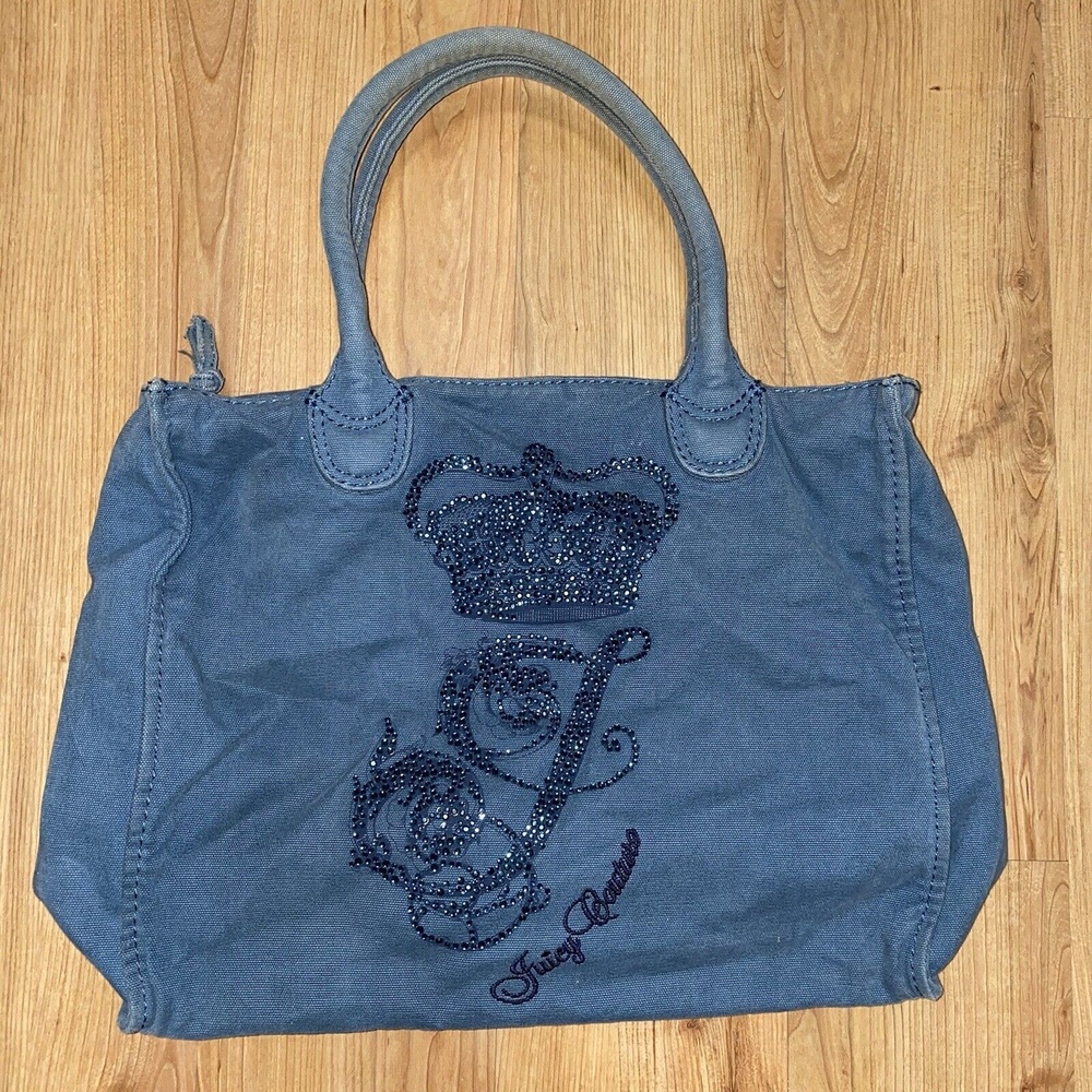 JUICY COUTURE Vintage Blue  Canvas Fabric With Zipper Bag Y2K Rhinestones EUC